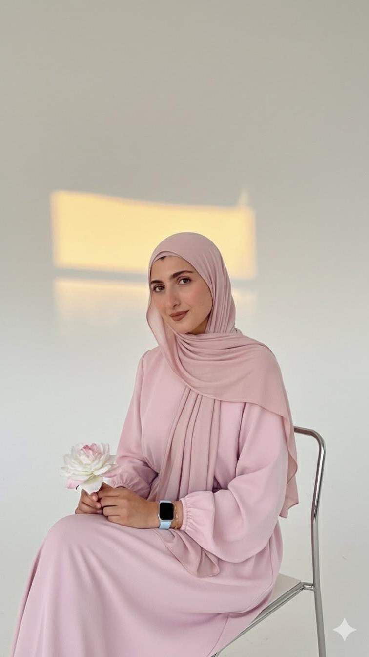 Studio portrait of Lujain seated against a soft neutral backdrop