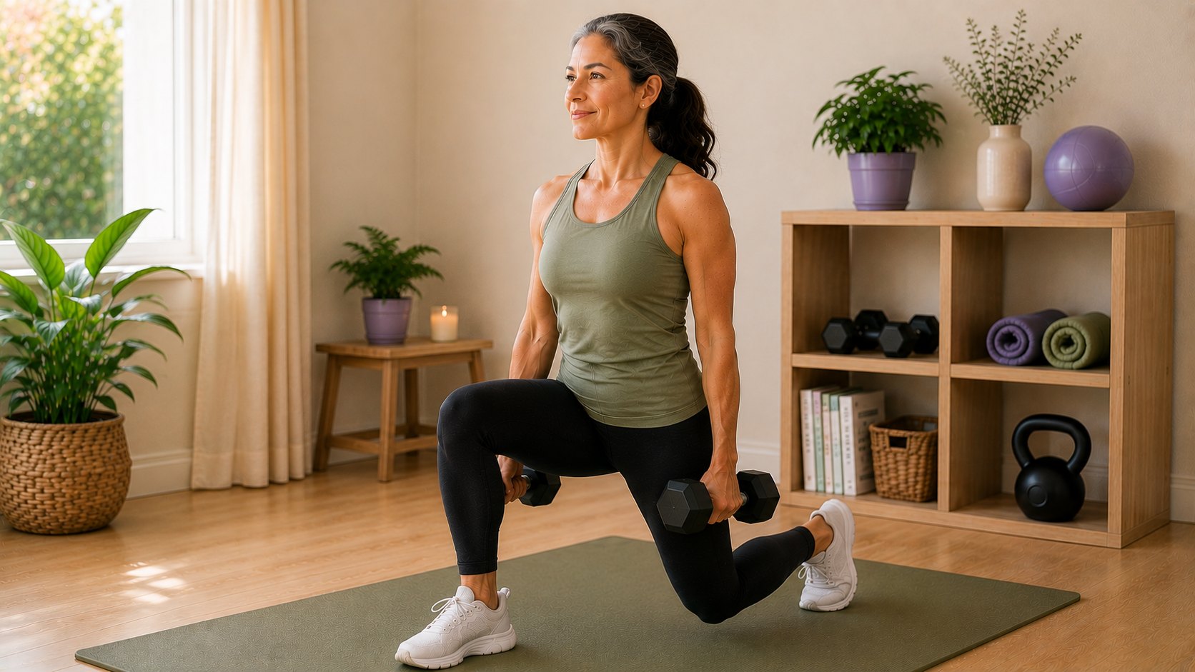 Woman over 40 performing a controlled dumbbell lunge during strength training